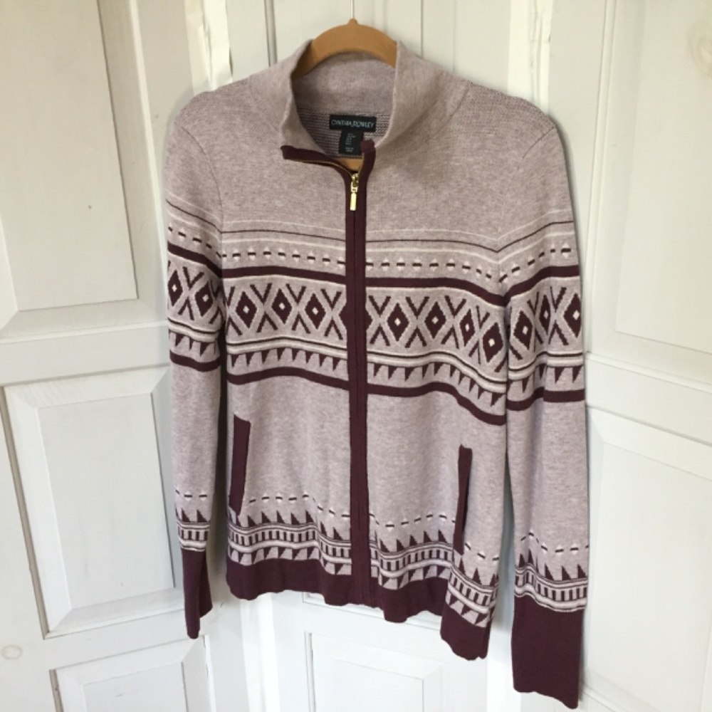 Cynthia Rowley Burgundy Geometric Patterned Full Zip Sweater - Picture 7 of 16